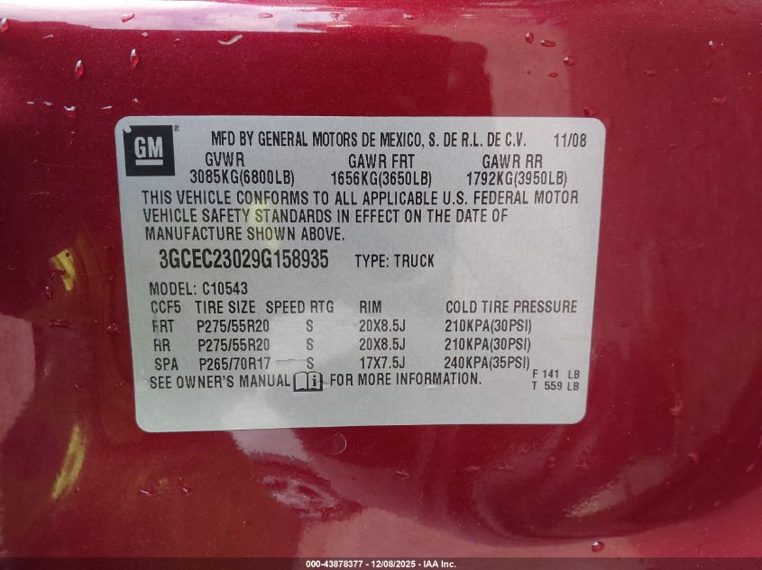 2009 Chevrolet Silverado 1500 Lt VIN: 3GCEC23029G158935 Lot: 43878377