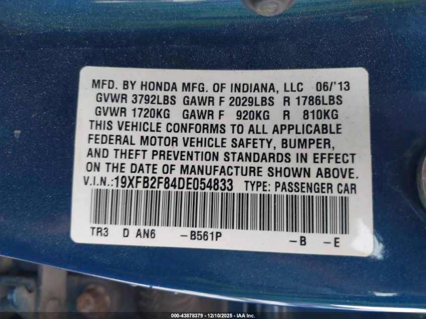 2013 Honda Civic Ex VIN: 19XFB2F84DE054833 Lot: 43878379