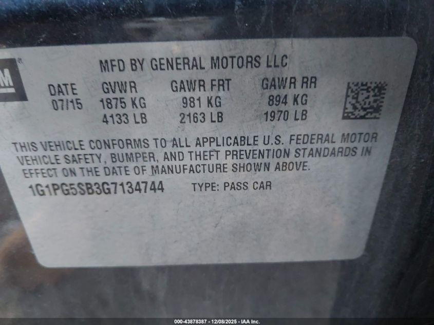 2016 Chevrolet Cruze Limited Ltz Auto VIN: 1G1PG5SB3G7134744 Lot: 43878387