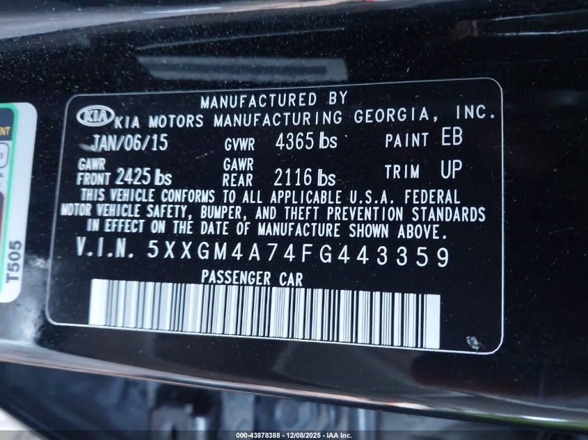 2015 Kia Optima Lx VIN: 5XXGM4A74FG443359 Lot: 43878388