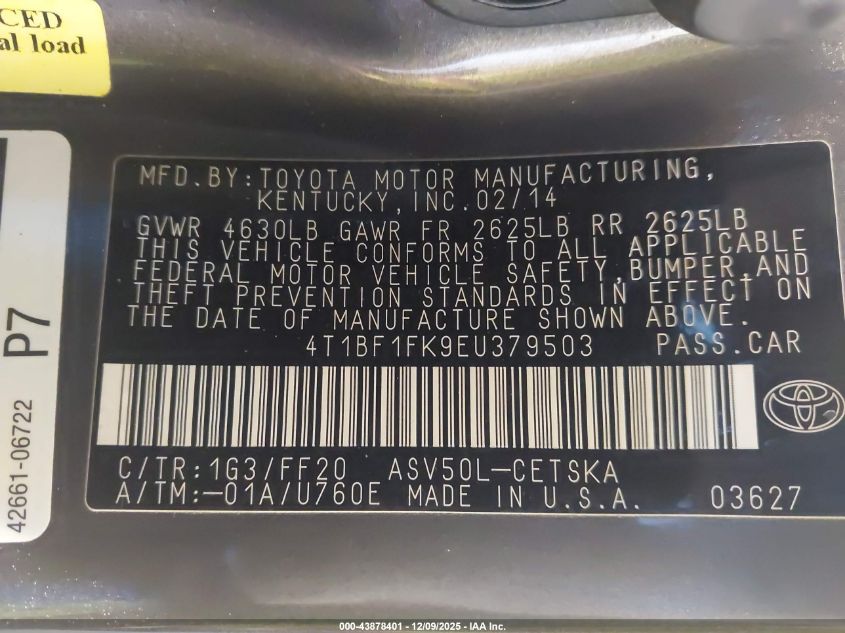 2014 Toyota Camry Se VIN: 4T1BF1FK9EU379503 Lot: 43878401