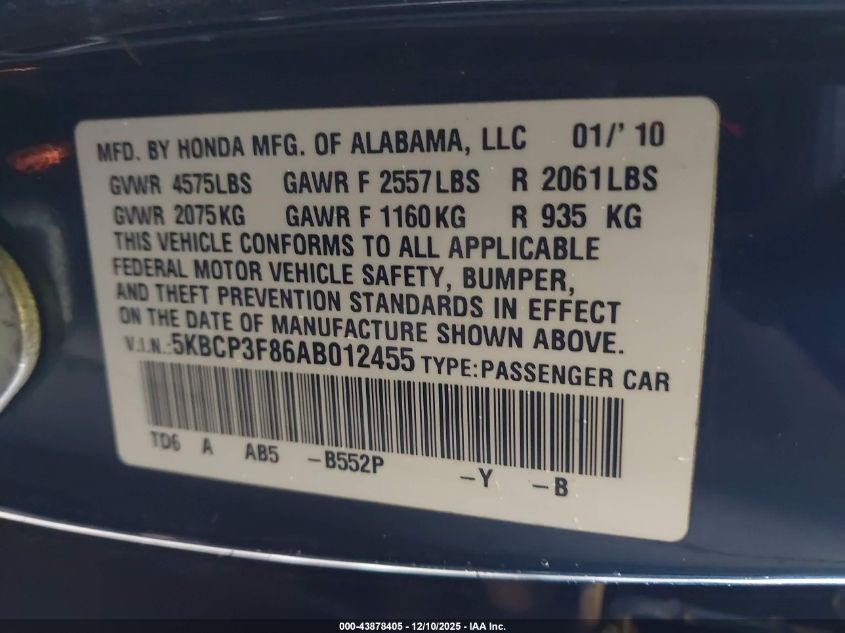 2010 Honda Accord 3.5 Ex-L VIN: 5KBCP3F86AB012455 Lot: 43878405