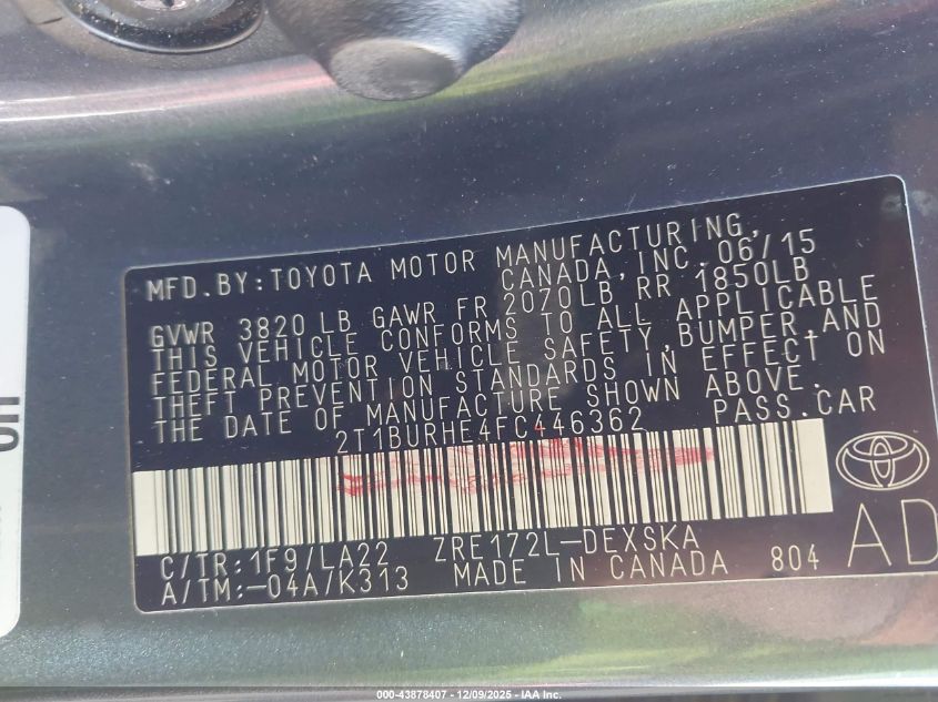 2015 Toyota Corolla S Premium VIN: 2T1BURHE4FC446362 Lot: 43878407