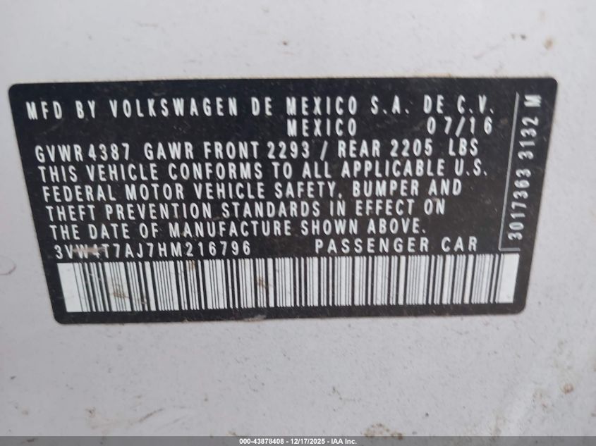 2017 Volkswagen Jetta Gli VIN: 3VW4T7AJ7HM216796 Lot: 43878408