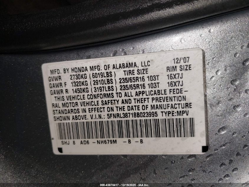 2008 Honda Odyssey Ex-L VIN: 5FNRL38718B023995 Lot: 43878417