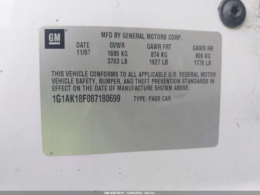 2008 Chevrolet Cobalt Ls VIN: 1G1AK18F087180699 Lot: 43878419