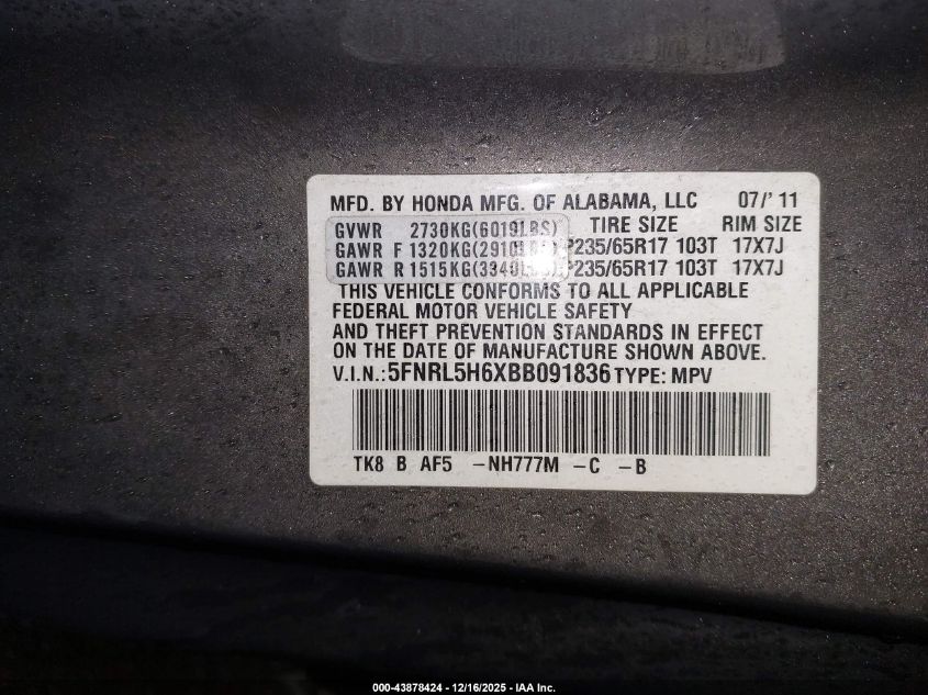 2011 Honda Odyssey Ex-L VIN: 5FNRL5H6XBB091836 Lot: 43878424