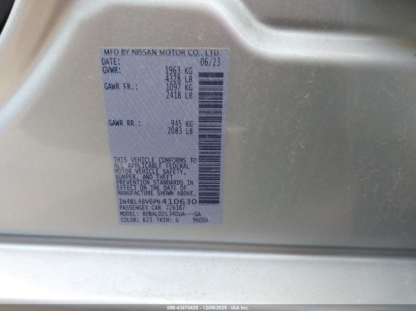 2023 Nissan Altima S Fwd VIN: 1N4BL4BV6PN410630 Lot: 43878428