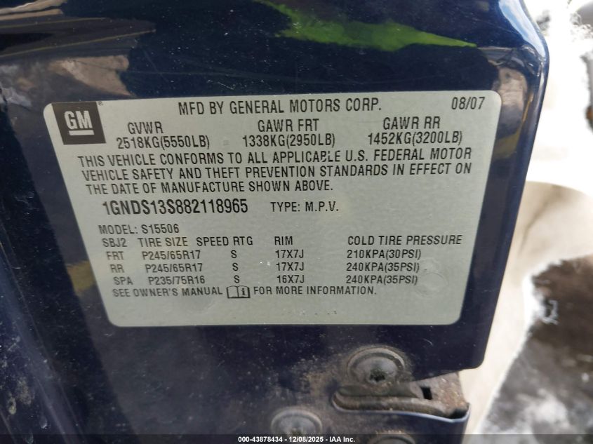 2008 Chevrolet Trailblazer Lt VIN: 1GNDS13S882118965 Lot: 43878434