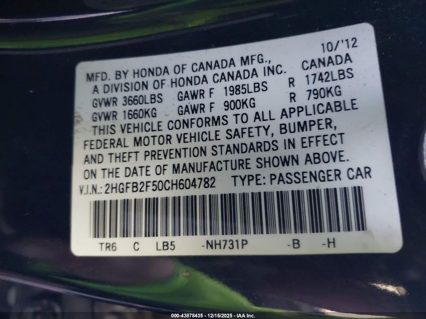 2012 Honda Civic Lx VIN: 2HGFB2F50CH604782 Lot: 43878435