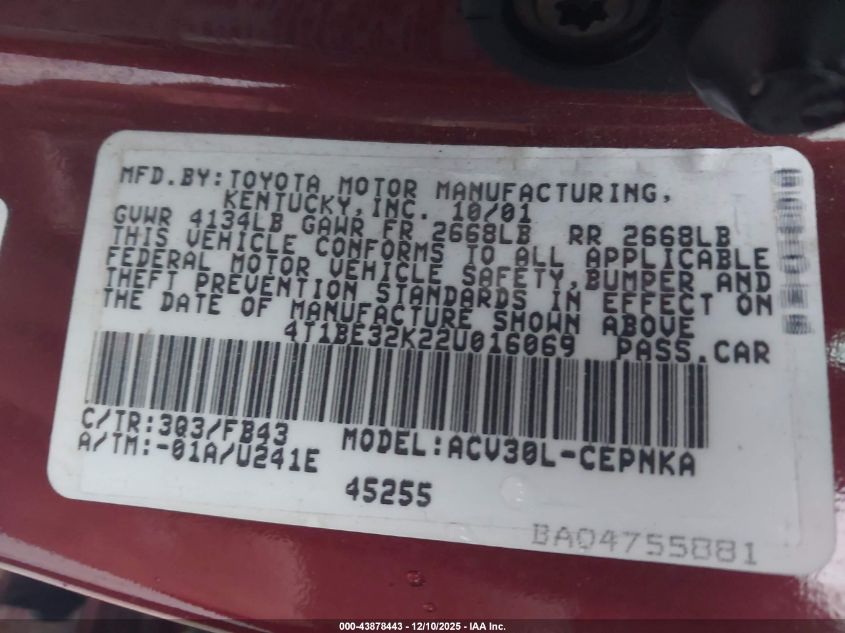 2002 Toyota Camry Le VIN: 4T1BE32K22U016069 Lot: 43878443