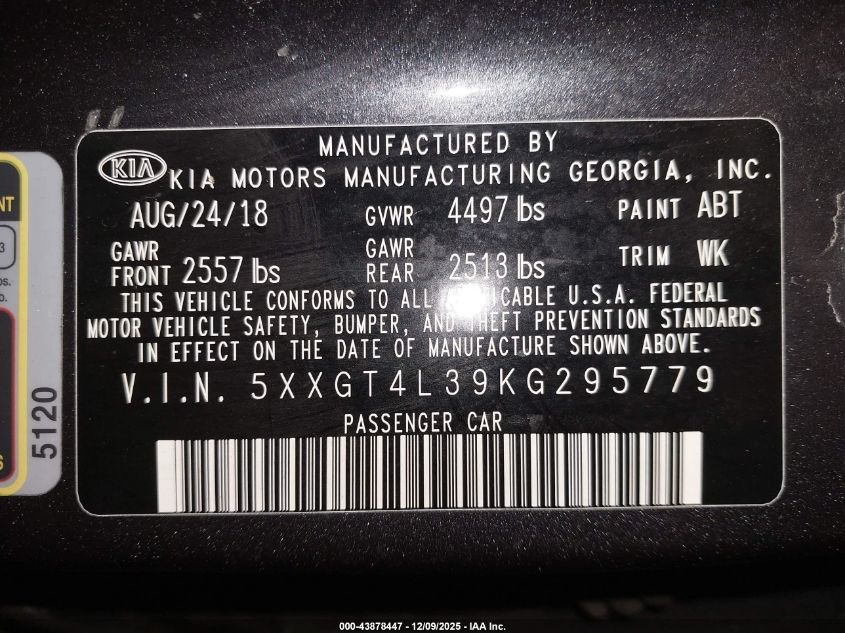 2019 Kia Optima Lx VIN: 5XXGT4L39KG295779 Lot: 43878447