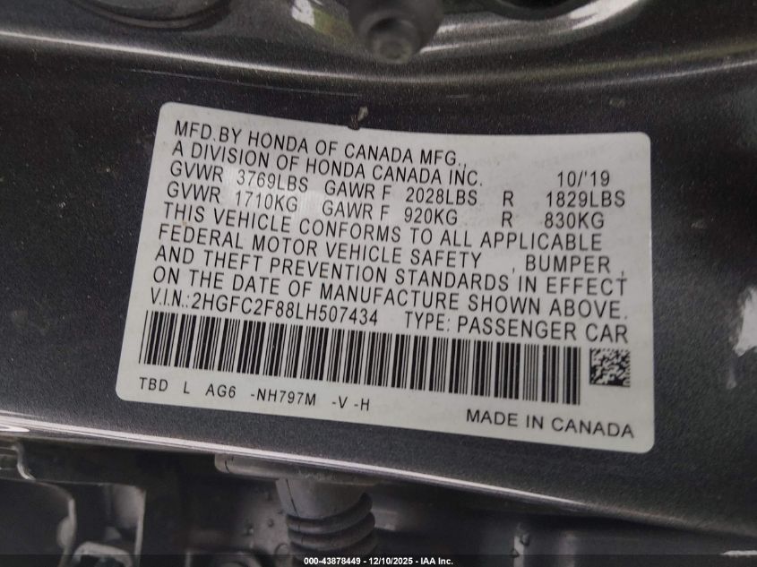 2020 Honda Civic Sport VIN: 2HGFC2F88LH507434 Lot: 43878449