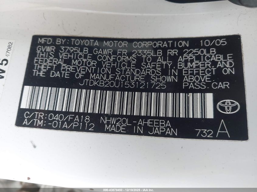 2005 Toyota Prius VIN: JTDKB20U153121725 Lot: 43878450