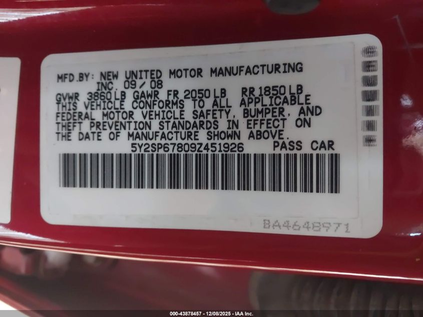 2009 Pontiac Vibe VIN: 5Y2SP67809Z451926 Lot: 43878457