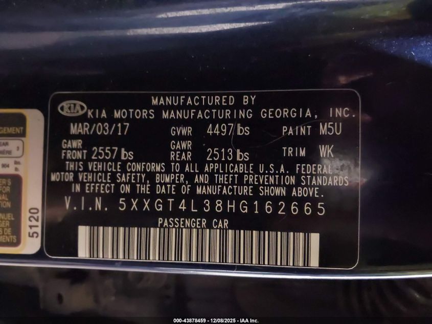 2017 Kia Optima Lx VIN: 5XXGT4L38HG162665 Lot: 43878459