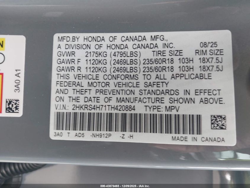 2026 Honda Cr-V Ex-L Awd VIN: 2HKRS4H71TH420884 Lot: 43878465