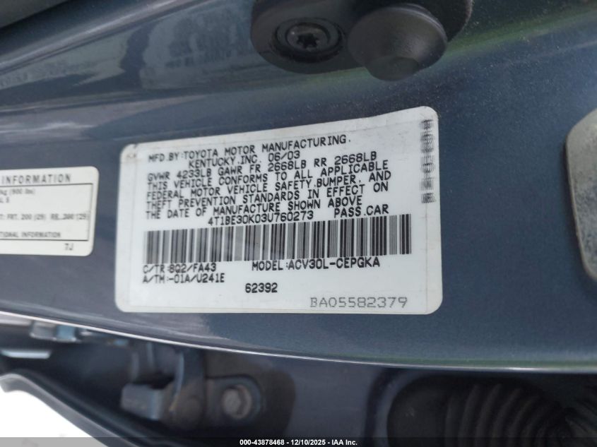 2003 Toyota Camry Xle VIN: 4T1BE30K03U760273 Lot: 43878468