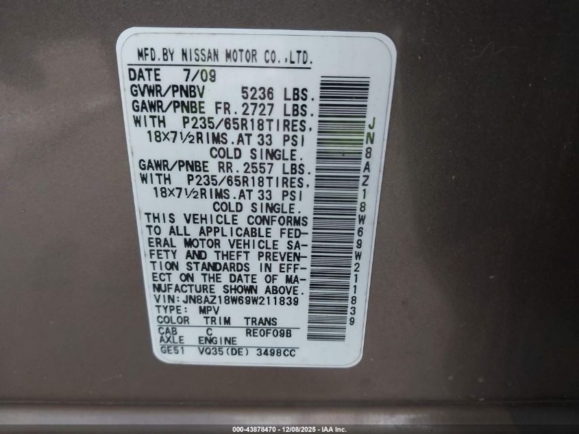 2009 Nissan Murano Sl VIN: JN8AZ18W69W211839 Lot: 43878470