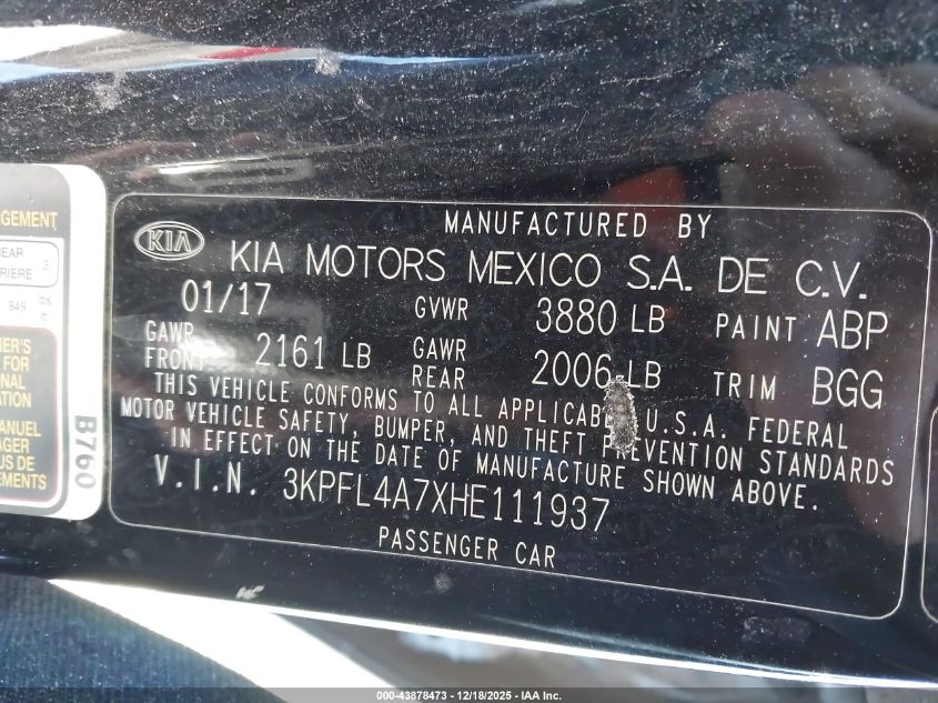 2017 Kia Forte Lx VIN: 3KPFL4A7XHE111937 Lot: 43878473