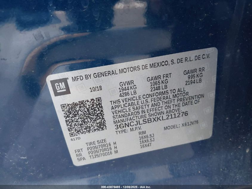 2019 Chevrolet Trax Lt VIN: 3GNCJLSBXKL211276 Lot: 43878485