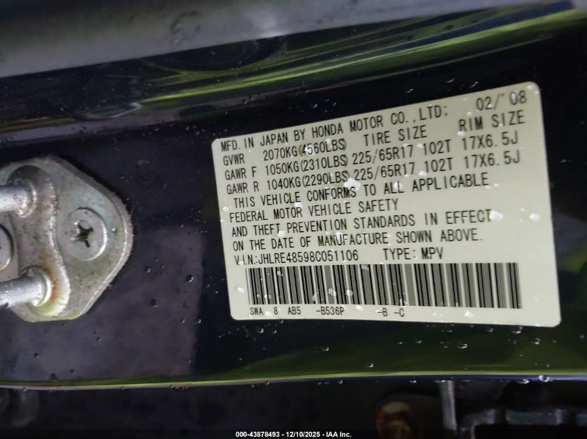 2008 Honda Cr-V Ex VIN: JHLRE48598C051106 Lot: 43878493