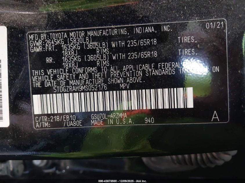 2021 Toyota Highlander Xle VIN: 5TDGZRAH9MS052176 Lot: 43878500