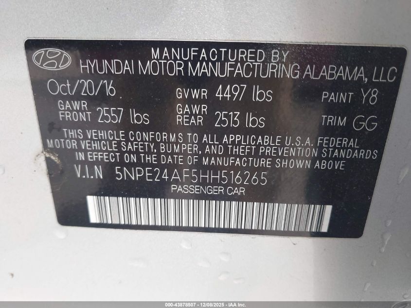 2017 Hyundai Sonata VIN: 5NPE24AF5HH516265 Lot: 43878507