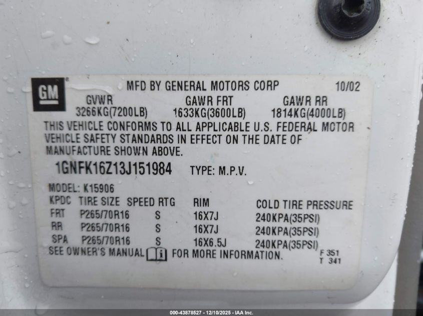 2003 Chevrolet Suburban 1500 Ls VIN: 1GNFK16Z13J151984 Lot: 43878527