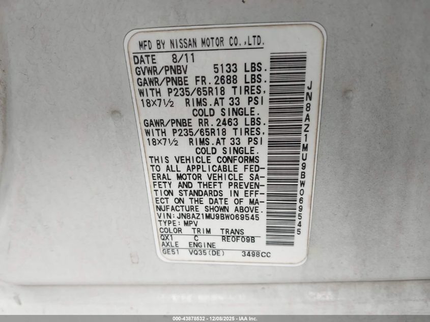 2011 Nissan Murano S VIN: JN8AZ1MU9BW069545 Lot: 43878532