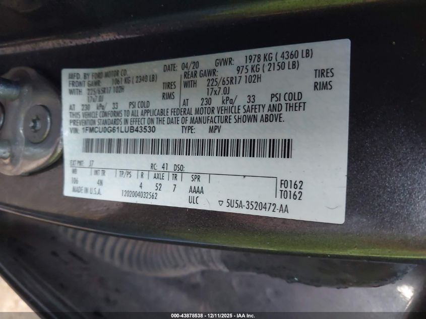 2020 Ford Escape Se VIN: 1FMCU0G61LUB43530 Lot: 43878538