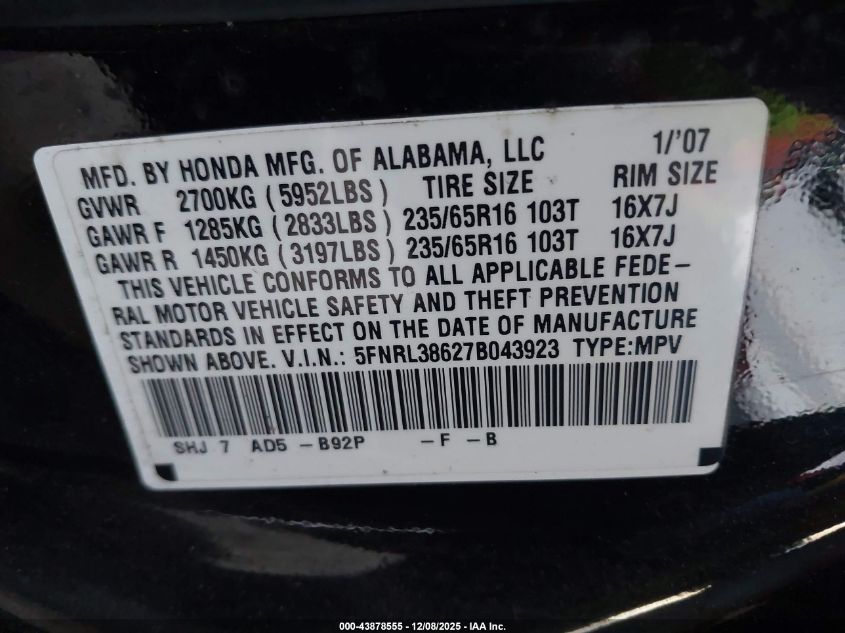 2007 Honda Odyssey Ex-L VIN: 5FNRL38627B043923 Lot: 43878555