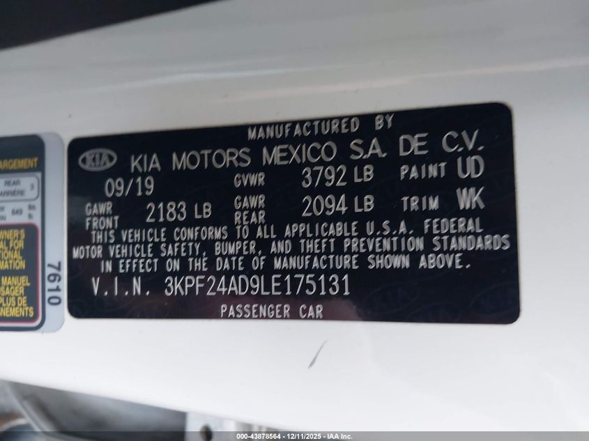 2020 Kia Forte Lxs VIN: 3KPF24AD9LE175131 Lot: 43878564