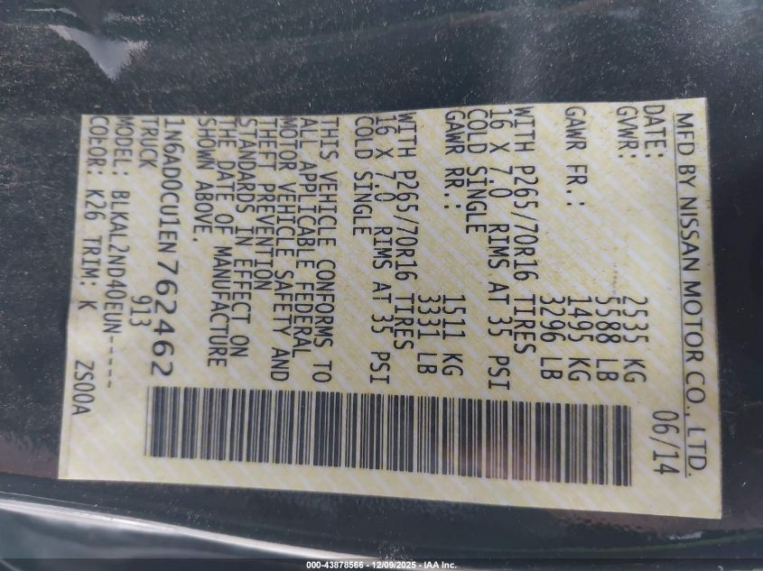 2014 Nissan Frontier Sv VIN: 1N6AD0CU1EN762462 Lot: 43878566