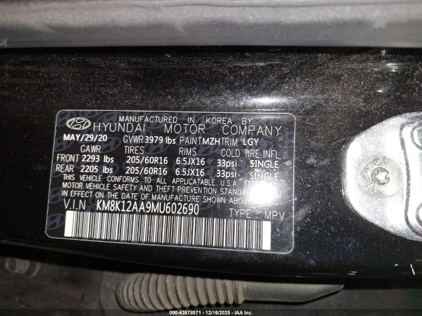 2021 Hyundai Kona Se VIN: KM8K12AA9MU602690 Lot: 43878571