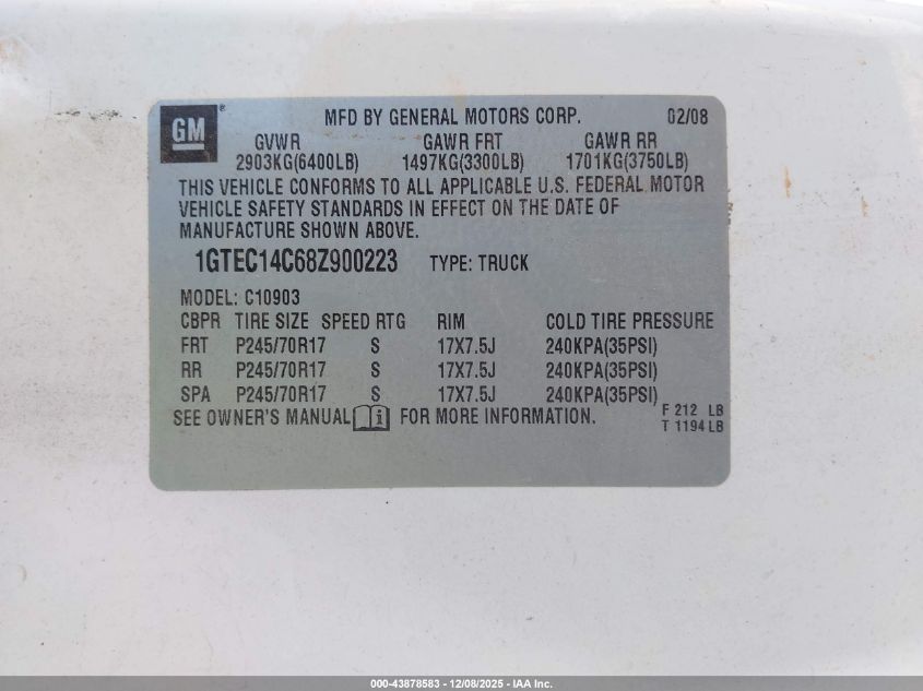2008 GMC Sierra 1500 Work Truck VIN: 1GTEC14C68Z900223 Lot: 43878583