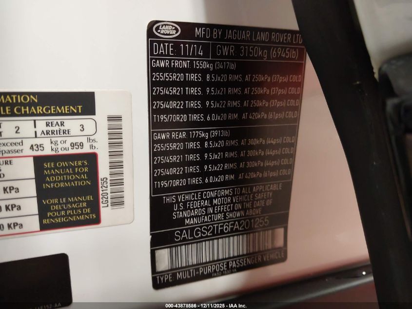 2015 Land Rover Range Rover 5.0L V8 Supercharged VIN: SALGS2TF6FA201255 Lot: 43878586