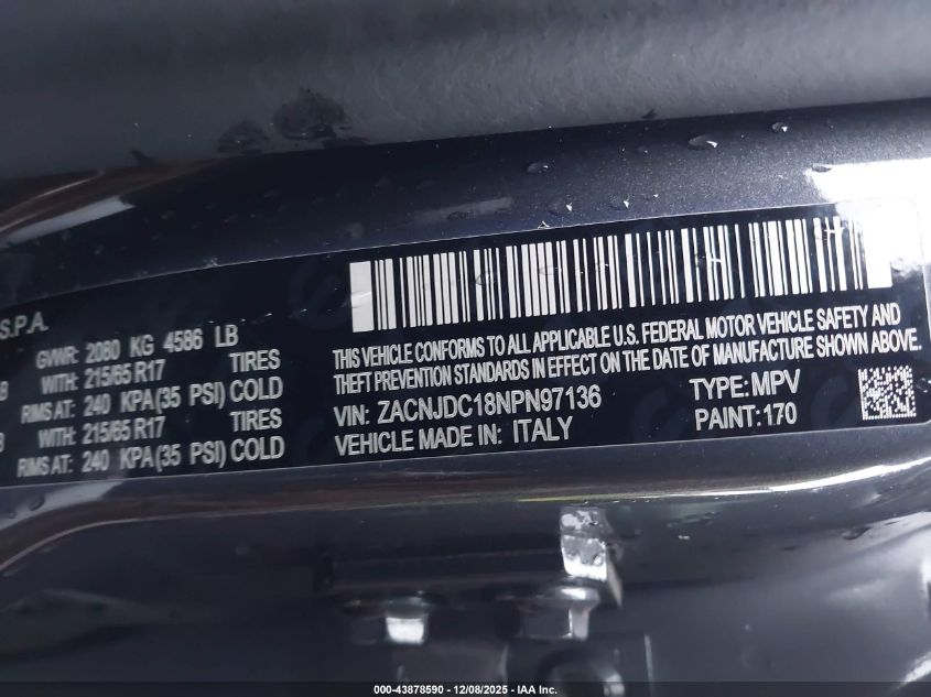 2022 Jeep Renegade Trailhawk 4X4 VIN: ZACNJDC18NPN97136 Lot: 43878590