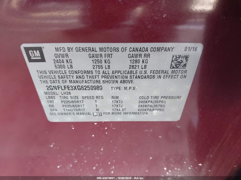 2016 Chevrolet Equinox Lt VIN: 2GNFLFE3XG6250989 Lot: 43878601