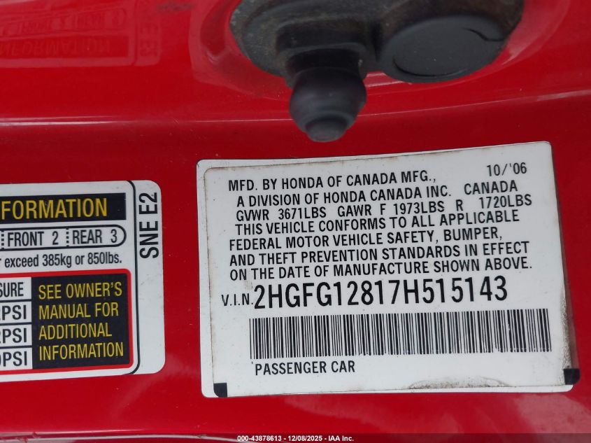 2007 Honda Civic Ex VIN: 2HGFG12817H515143 Lot: 43878613