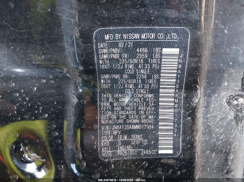 2021 Nissan Rogue Sv Fwd VIN: JN8AT3BA8MW017994 Lot: 43878619