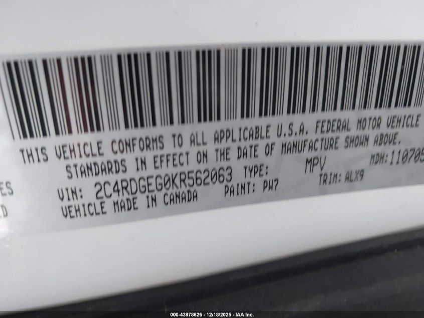 2019 Dodge Grand Caravan Gt VIN: 2C4RDGEG0KR562063 Lot: 43878626