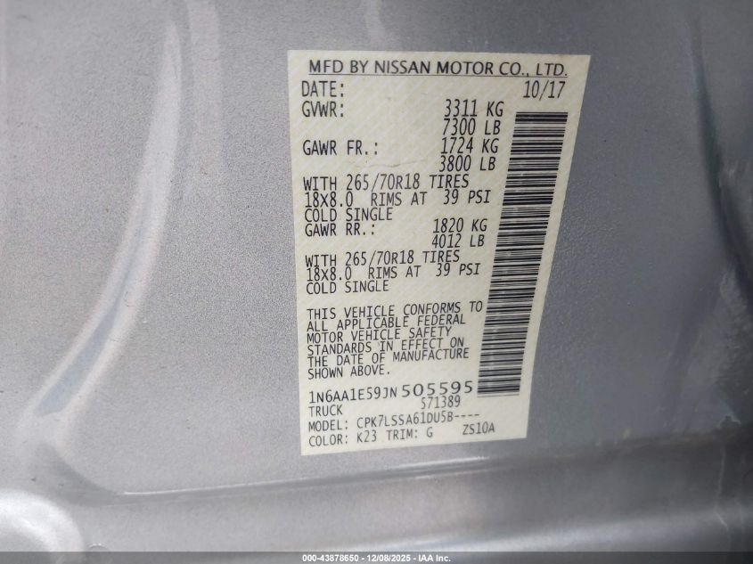 2018 Nissan Titan Sv VIN: 1N6AA1E59JN505595 Lot: 43878650