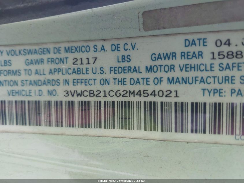 2002 Volkswagen New Beetle Gls VIN: 3VWCB21C62M454021 Lot: 43878655