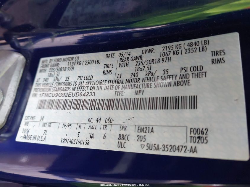 2014 Ford Escape Se VIN: 1FMCU9G92EUD64233 Lot: 43878670