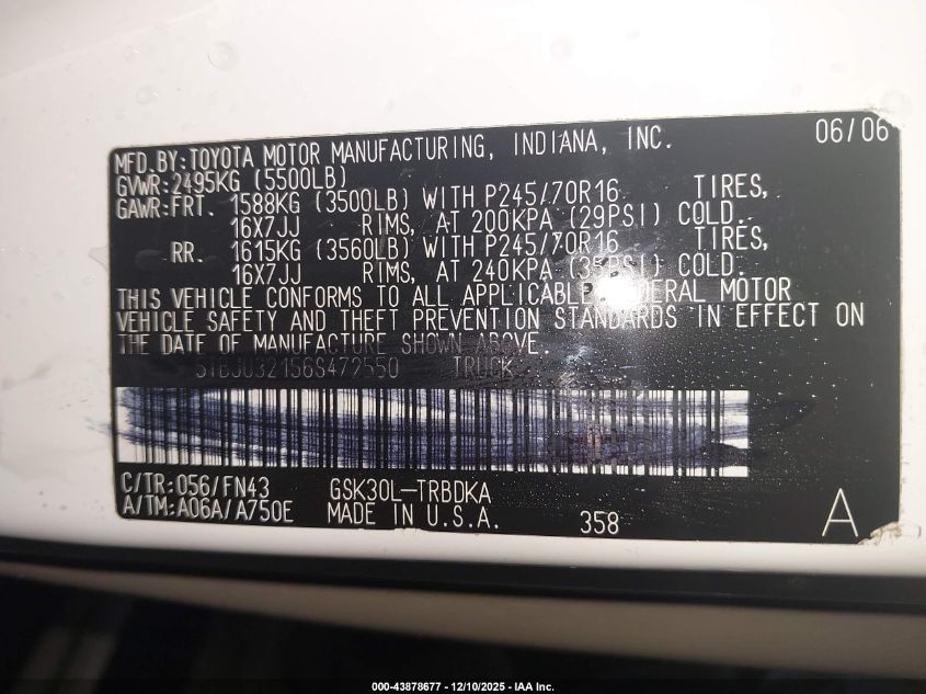 2006 Toyota Tundra Sr5 V8 VIN: 5TBBT44126S480163 Lot: 43878677