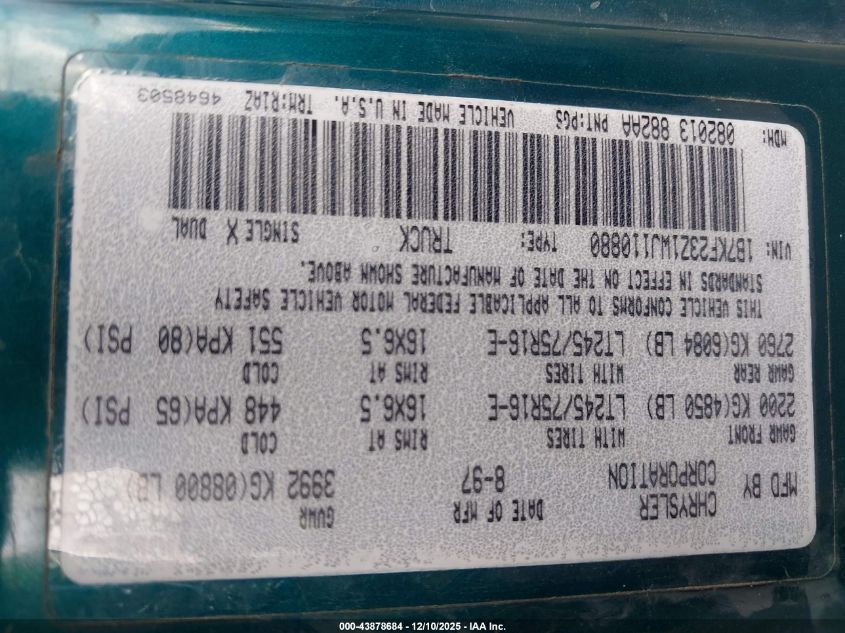 1998 Dodge Ram 2500 St VIN: 1B7KF23Z1WJ110880 Lot: 43878684