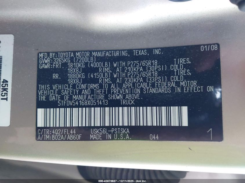 2008 Toyota Tundra Sr5 5.7L V8 VIN: 5TFDV54168X051413 Lot: 43878687