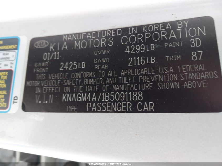 2011 Kia Optima Lx VIN: KNAGM4A71B5091188 Lot: 43878689