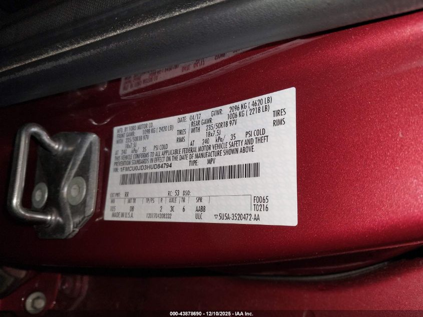 2017 Ford Escape Titanium VIN: 1FMCU0JD3HUD84794 Lot: 43878690